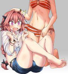  1boy 1futa ^^^ astolfo_(fate) astolfo_(sugar_vacation)_(fate) bangle bare_arms bare_legs barefoot bead_bracelet beads bikini bikini_under_clothes black_bikini black_bow blush bow bracelet braid breasts bulge cleavage clenched_hands collarbone collared_shirt commentary_request crop_top d: denim denim_shorts erection erection_under_clothes eyelashes fang fate/apocrypha fate/grand_order fate_(series) flower fujimaru_ritsuka_(female) fujimaru_ritsuka_(female)_(brilliant_summer) futa_on_male futa_with_male futanari gradient_background grey_background groin hair_between_eyes hair_bow hair_flower hair_intakes hair_ornament halterneck hand_on_another&#039;s_head hands_up head_out_of_frame imminent_rape jewelry kneeling knees_up large_penis long_hair long_sleeves magifuro male_focus multicolored_hair navel necklace o-ring o-ring_bikini official_alternate_costume open_mouth penis penis_awe penis_in_swimsuit pink_hair purple_eyes shirt short_shorts shorts side-tie_bikini_bottom simple_background single_braid sitting skin_fang sleeves_rolled_up solo_focus stomach streaked_hair striped_bikini striped_clothes surprised sweatdrop swimsuit testicles tied_shirt toes trap two-tone_hair v-shaped_eyebrows very_long_hair white_hair white_shirt wide-eyed wing_collar  rating:Explicit score:104 user:danbooru