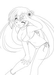  1girl absurdres amai_yui anklet flower greyscale hair_flower hair_ornament highres jewelry leaning_forward lineart long_hair monochrome one_eye_closed original smile solo sunflower transparent_background twintails very_long_hair wink yuyi  rating:Sensitive score:6 user:danbooru