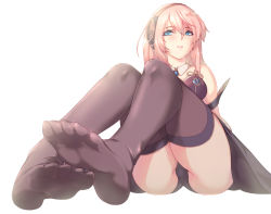  1girl ass bare_shoulders black_panties black_thighhighs blue_eyes blue_gemstone blush breasts brooch detached_collar feet female_focus foot_focus full_body gem headphones jewelry legs long_hair md5_mismatch medium_breasts megurine_luka megurine_luka_(vocaloid4) neck panties parted_lips pink_hair simple_background sitting smile soles solo strapless thighhighs underwear vocaloid white_background yui.h  rating:Questionable score:84 user:danbooru