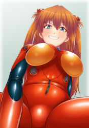  1girl blue_eyes blush bodysuit breasts grin hair_ornament hairclip impossible_bodysuit impossible_clothes large_breasts latex legs_apart long_hair naughty_face neon_genesis_evangelion orange_hair pixiv1478062 plugsuit red_bodysuit skin_tight smile souryuu_asuka_langley twintails wide_hips  rating:Explicit score:32 user:MariHasNiceBoobs