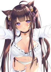  1girl absurdres ahoge animal_ear_fluff animal_ears bell black_choker blunt_bangs blush bra breasts bridal_garter brown_hair cat_ears cat_girl cat_tail choker collarbone commission facial_tattoo hair_bell hair_ornament hair_ribbon highres jingle_bell korean_commentary large_breasts long_hair long_sleeves looking_at_viewer navel neck_bell open_clothes open_shirt original panties parted_lips purple_eyes purple_ribbon revision ribbon second-party_source shirt side-tie_panties simple_background solo sul-lin-a_(hurukku) tail tattoo twintails underwear very_long_hair white_background white_bra white_panties white_shirt yoruhoshi_owl 