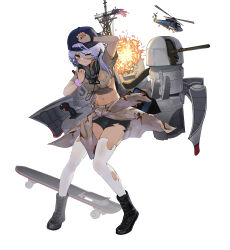 1girl absurdres aircraft american_flag baseball_cap bike_shorts black_footwear black_shorts blue_hat boots breasts brown_shirt cannon clothes_around_waist dark-skinned_female dark_skin explosion frigate full_body hat helicopter highres jacket jacket_around_waist machinery military military_vehicle navel one_eye_closed original personification phalanx_ciws purple_hair ship shirt short_sleeves shorts skateboard small_breasts solo standing thighhighs tied_shirt torn_bike_shorts torn_clothes torn_jacket torn_shirt torn_thighhighs turret tuziki_sang united_states_navy uss_stark_(ffg-31) warship watercraft white_thighhighs yellow_eyes