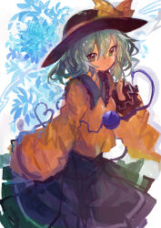 1girl absurdres arm_at_side black_hat bow commentary_request cowboy_shot expressionless floral_background green_eyes green_hair green_skirt hair_between_eyes hand_up hat hat_bow highres kaamin_(mariarose753) komeiji_koishi looking_at_viewer medium_hair shirt skirt solo third_eye touhou white_background yellow_bow yellow_shirt 