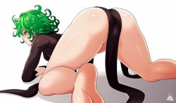1girl all_fours artist_name ass barefoot bent_over black_dress blush breasts cameltoe cleft_of_venus curly_hair dress feet green_eyes green_hair highres jmg looking_at_viewer looking_back no_panties one-punch_man pelvic_curtain shiny_skin short_hair sideboob signature small_breasts solo tatsumaki thighs white_background rating:Questionable score:192 user:JustHere4Butts