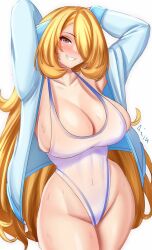  1girl anisdrawn arms_behind_head arms_up blonde_hair blue_jacket blush breasts cleavage cosplay creatures_(company) curvy cynthia_(pokemon) game_freak grey_eyes grin groin hair_over_one_eye highleg highleg_swimsuit highres jacket large_breasts long_hair looking_at_viewer misty_(pokemon) misty_(pokemon)_(cosplay) nintendo one-piece_swimsuit pokemon pokemon_dppt simple_background smile solo strap_gap swimsuit teeth thighs very_long_hair wet white_background white_one-piece_swimsuit wide_hips 