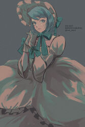  1girl ace_attorney blue_bow blue_hair blue_ribbon bonnet bow closed_mouth dress eyelashes franziska_von_karma gloves grey_background highres juliet_sleeves limited_palette long_dress long_sleeves mole mole_under_eye own_hands_together puffy_sleeves rat_nkmi ribbon short_hair solo white_dress 