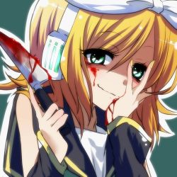  1girl blonde_hair blood blood_on_face bloody_knife blue_eyes bow female_focus headphones kagamine_rin knife lowres short_hair simple_background solo upper_body vocaloid yandere  rating:Questionable score:15 user:Rainkagamine