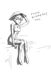  1girl adjusting_clothes adjusting_headwear arm_support ayanami_rei bodysuit dated evangelion:_3.0+1.0_thrice_upon_a_time greyscale hat highres looking_afar monochrome neon_genesis_evangelion pilot_suit plugsuit rebuild_of_evangelion rice_hat short_hair solo straw_hat zero_ordered1 