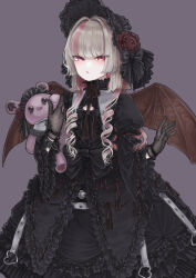  1girl alternate_costume black_bow black_dress black_gloves black_hat blush bonnet bow bracelet brown_hair closed_mouth commentary_request demon_wings dress dress_bow feet_out_of_frame flower frilled_bonnet frilled_dress frills gloves gothic_lolita half-closed_eyes hands_up hat hat_flower holding holding_stuffed_toy jewelry juliet_sleeves koze_niire lace lace_gloves lolita_fashion long_hair long_sleeves looking_at_viewer makaino_ririmu multicolored_hair nijisanji pink_hair puffy_sleeves purple_background red_eyes red_flower ringlets simple_background solo spiked_bracelet spikes standing streaked_hair stuffed_animal stuffed_rabbit stuffed_toy virtual_youtuber wide_sleeves wings 