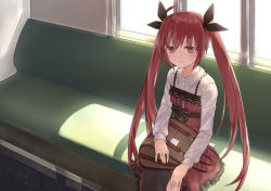 1girl bad_id bad_pixiv_id bag_on_lap blush collared_shirt date_a_live dress hair_ribbon highres holding_hands itsuka_kotori long_hair long_sleeves looking_at_viewer on_bench pinafore_dress red_dress red_eyes red_hair ribbon shirt shirt_under_dress sitting sleeveless sleeveless_dress smile solo_focus spaghetti_strap thighhighs train twintails very_long_hair white_shirt rating:Sensitive score:5 user:danbooru