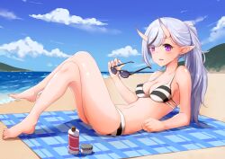 1girl arm_support bare_arms bare_legs bare_shoulders barefoot beach beach_towel bikini blue_sky breasts cleavage cloud crossed_legs day fang from_side full_body grey_hair hand_up holding_glasses horizon horns knees_up long_hair lying medium_breasts mole mole_under_mouth multi-strapped_bikini_top multicolored_hair nijisanji on_back on_ground open_mouth outdoors pink_eyes plaid pointy_ears ponytail rindou_mikoto sky smile solo streaked_hair striped_bikini striped_clothes sunglasses swept_bangs swimsuit towel two-tone_bikini virtual_youtuber watchdog_rol_(y1104280730) water
