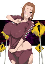  1girl blush border breasts brown_eyes brown_hair cameltoe covered_erect_nipples cowboy_shot grin huge_breasts impossible_clothes jacket kaii_to_otome_to_kamigakushi long_sleeves looking_at_viewer makoto_daikichi mole mole_under_eye ogawa_sumireko one_eye_closed pants signpost skin_tight skindentation smile solo sportswear standing sweatpants thick_eyebrows torn_clothes white_border 