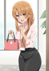  1girl aged_up bag black_skirt blonde_hair collared_shirt cowboy_shot dars_(recolors) finger_to_mouth hair_over_shoulder hands_up highres holding holding_bag isshiki_iroha long_hair looking_at_viewer official_alternate_hairstyle open_mouth pencil_skirt pink_shirt shirt skirt solo window yahari_ore_no_seishun_lovecome_wa_machigatteiru. yellow_eyes 