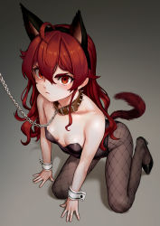 1girl ahoge all_fours animal_ears as109 bare_shoulders bdsm black_footwear black_leotard black_pantyhose blush breasts cat_ears cat_tail chain chain_leash collar collarbone commentary_request eris_greyrat fake_animal_ears female_focus full_body hair_between_eyes high_heels highres kittysuit leash leotard loli long_hair looking_at_viewer mushoku_tensei nontraditional_playboy_bunny pantyhose red_eyes red_hair simple_background slave small_breasts solo spiked_collar spikes strapless tail wrist_cuffs rating:Questionable score:486 user:danbooru