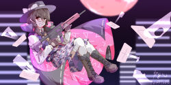 1girl absurdres black_cape black_hat blurry blurry_background bow brown_eyes brown_footwear brown_hair cape chinese_commentary commentary_request dated fgc-9 full_body hat hat_bow highres long_sleeves looking_at_viewer low_twintails medium_hair plaid plaid_skirt purple_skirt purple_vest pzgr.40 red-framed_eyewear runes semi-rimless_eyewear shirt signature skirt solo touhou twintails under-rim_eyewear usami_sumireko vest white_bow white_shirt zener_card