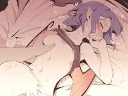 1girl asutora bat_wings bed bed_sheet blue_hair blush bottomless breasts camisole commentary_request covering_own_mouth embodiment_of_scarlet_devil grabbing grabbing_another&#039;s_breast grey_camisole hand_over_own_mouth heart implied_cunnilingus nipples on_bed pointy_ears red_eyes remilia_scarlet sheet_grab short_hair small_breasts sweat sweatdrop touhou trembling very_short_hair wings rating:Explicit score:126 user:danbooru