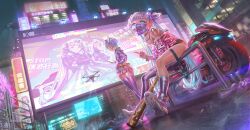  2girls alphonse_(white_datura) android asymmetrical_legwear baseball_bat blue_eyes blue_hair bracelet breasts building choker city city_lights drone grey_hair headgear highres jacket jewelry long_hair mask micro_shorts miniskirt motor_vehicle motorcycle mouth_mask multicolored_hair multiple_girls neon_lights night off_shoulder open_mouth original panties pantyshot photoshop_(medium) science_fiction shoes short_hair shorts sign sitting skirt skyscraper small_breasts sneakers streaked_hair thighhighs twintails two-tone_hair underwear very_long_hair 