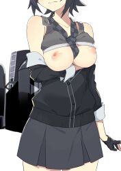  1girl absurdres arm_under_breasts black_cardigan black_gloves black_hair black_necktie breasts breasts_out cardigan checkered_necktie collarbone fingerless_gloves gloves grey_skirt highres kantai_collection medium_breasts morisobo necktie nipples short_hair simple_background skirt solo tenryuu_(kancolle) thighs wavy_mouth white_background 