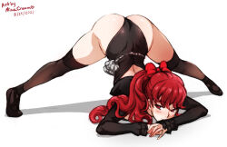  1girl ass ass_focus blush bow detached_sleeves embarrassed hair_bow jack-o&#039;_challenge leotard long_hair looking_at_viewer mina_cream persona persona_5 ponytail red_eyes red_hair solo thighhighs top-down_bottom-up yoshizawa_kasumi 