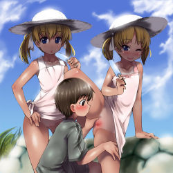 abubu blonde_hair blue_eyes blush bottomless censored loli no_panties one_eye_closed pussy shota siblings spread_pussy straight_shota tan tanline twins twintails wink rating:Explicit score:40 user:atrack