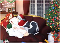 2girls aged_down alternate_hairstyle annotated antlers apron blue_dress blue_eyes braid breasts capelet chinese_clothes christmas christmas_lights christmas_tree commentary_request couch curtains dress hair_between_eyes hair_ribbon hat hong_meiling hong_meiling_(panda) horns indoors izayoi_sakuya large_breasts lying_on_person multiple_girls neko_majin on_couch open_mouth pants portrait_(object) red_nose reindeer_antlers ribbon santa_claus santa_hat short_hair silhouette silver_hair sleeping snowing touhou tress_ribbon twin_braids waist_apron wavy_hair white_pants