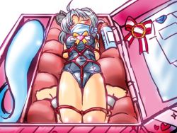  1girl arms_behind_back barefoot bdsm bondage bound box cloth_gag crotch_rope female_focus gag gagged gift hitodama improvised_gag in_box in_container intravenous_drip konpaku_youmu konpaku_youmu_(ghost) lotion one-piece_swimsuit over_the_mouth_gag over_the_nose_gag rope school_swimsuit shibari shibari_over_clothes solo swimsuit touhou valentine winn  rating:Questionable score:52 user:danbooru
