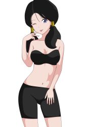  1girl absurdres bike_shorts breasts cleavage closed_mouth highres looking_at_viewer medium_breasts smile standing tongue tongue_out twintails underwear videl  rating:Questionable score:19 user:pqowieurzt