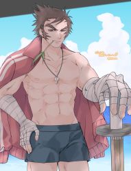  1boy abs bandaged_arm bandages beach brown_eyes brown_hair closed_mouth cloud collarbone foreshortening hand_on_own_hip highres holding holding_weapon jacket jacket_on_shoulders justice_gakuen kendo looking_at_viewer male_focus muscular muscular_male nekketsu_hayato no_shirt o9mtr pectorals red_jacket shinai shorts sideburns skyline spiked_hair sweat sword thick_eyebrows track_jacket weapon whistle 
