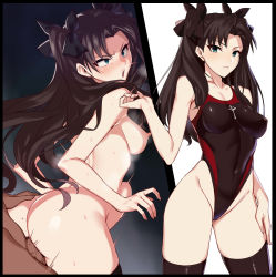 1boy 1girl ass ass_grab bar_censor black_hair black_one-piece_swimsuit black_ribbon black_thighhighs blue_eyes breasts censored clothed_female_nude_male collarbone competition_swimsuit covered_erect_nipples covered_navel fate/stay_night fate_(series) fucked_silly hair_ribbon hetero highleg highleg_swimsuit highres long_hair looking_at_viewer miga_(migao) multiple_views nipples nude one-piece_swimsuit open_mouth pussy red_one-piece_swimsuit ribbon scowl sex sex_from_behind sideboob small_breasts stomach_bulge swimsuit thighhighs tohsaka_rin trembling twintails two-tone_swimsuit vaginal  rating:Explicit score:240 user:danbooru