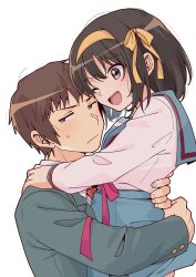  1boy 1girl ;d absurdres arm_around_waist blue_sailor_collar blue_skirt blush brown_eyes brown_hair closed_mouth commentary couple cowboy_shot frown hair_ribbon hairband hand_on_another&#039;s_shoulder happy heads_together hetero highres hug kyon long_sleeves looking_at_another looking_to_the_side medium_hair one_eye_closed open_mouth ribbon sailor_collar school_uniform shirt short_hair shy simple_background skirt smile spiked_hair straight_hair suzumiya_haruhi suzumiya_haruhi_no_yuuutsu sweatdrop taiki_(6240taiki) upper_body white_background white_shirt yellow_hairband yellow_ribbon 