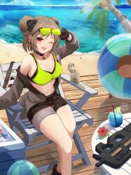  1girl absurdres ball beach beachball blush breasts bullpup collarbone commentary commission day double_bun english_commentary eyewear_on_head feet_out_of_frame girls&#039;_frontline gloves green-tinted_eyewear gun hair_bun highres inflatable_toy jacket light_brown_hair looking_at_viewer medium_breasts ocean one_eye_closed open_mouth outdoors p90 p90_(girls&#039;_frontline) palm_tree personal_defense_weapon red_eyes smile snnm_hb solo squirrel stomach submachine_gun sunglasses tinted_eyewear tree weapon 