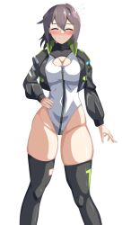  1girl alice_gear_aegis asuma_isami black_hair black_jacket black_thighhighs breasts circle_cutout cleavage_cutout clothing_cutout companion/af covered_collarbone facing_viewer feet_out_of_frame front_zipper full-length_zipper grey_hair hand_on_own_hip heattech_leotard highleg highleg_leotard ishitsuma_canon jacket leotard medium_breasts one_eye_closed race_queen short_hair sleeveless_turtleneck_leotard solo standing thighhighs turtleneck two-tone_leotard white_leotard zipper zipper_leotard zipper_pull_tab 