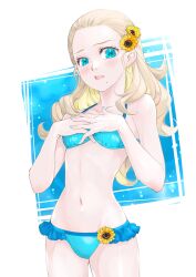  1girl anlucea bare_arms bare_shoulders bikini blonde_hair blue_bikini blue_eyes blue_nails blush breasts collarbone commentary_request cowboy_shot dragon_quest dragon_quest_x flower forehead hair_flower hair_ornament hair_slicked_back hands_on_own_chest highres kosuga_kumi long_hair looking_at_viewer mole mole_under_mouth nail_polish navel open_mouth own_hands_together small_breasts solo stomach sunflower swimsuit 