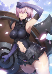  1girl armor armpits bare_shoulders black_leotard black_skirt blue_sky breasts clothing_cutout commentary_request cowboy_shot day dutch_angle elbow_gloves fate_(series) glint gloves glowing hand_on_own_head highres holding holding_shield legs_together leotard mash_kyrielight medium_breasts navel navel_cutout ng_(chaoschyan) outdoors pink_hair purple_eyes purple_gloves shield shiny_skin short_hair skirt sky solo standing stomach thigh_strap underbust 