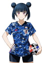  1girl adidas alternate_hairstyle ball barkhorn0331 black_shorts blue_hair blue_shirt blunt_bangs closed_mouth collarbone double_bun facial_tattoo hair_bun hand_on_own_hip highres holding holding_ball japanese_flag looking_at_viewer love_live! love_live!_sunshine!! patterned_clothing purple_eyes shirt short_sleeves shorts sidelocks soccer_ball soccer_uniform solo sportswear standing tattoo tsushima_yoshiko twintails upper_body v-shaped_eyebrows white_background 