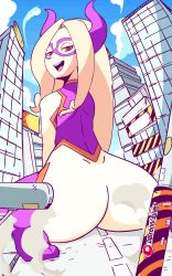  10s 1girl animated animated_gif anus artist_name ass ass_shake blonde_hair blue_sky bodysuit boku_no_hero_academia boots building city cloud cloudy day diives domino_mask earthquake exhibitionism fake_horns feet from_behind from_below giant giantess half-closed_eyes happy highres horns long_hair looking_at_viewer looking_back looking_down mask mount_lady naughty_face open_mouth outdoors public_indecency purple_eyes road sitting skin_tight sky smile solo street teeth tongue wariza  rating:Questionable score:186 user:danbooru