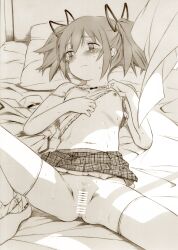  1girl absurdres bar_censor blush censored crying crying_with_eyes_open female_focus frown highres itano_chiharu kaname_madoka lifting_own_clothes loli lying mahou_shoujo_madoka_magica mahou_shoujo_madoka_magica_(anime) monochrome navel nipples on_back panties_around_one_ankle pillow pussy red_theme ribbon school_uniform unworn_shirt short_hair skirt solo spread_legs sweat tears thighhighs traditional_media twintails vest_lift  rating:Explicit score:195 user:danbooru