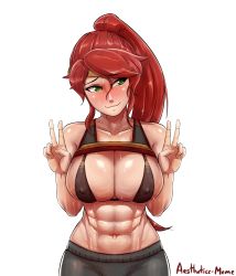 1girl abs absurdres aestheticc-meme bare_shoulders bikini bikini_top_only blush breasts cleavage clothes_lift covered_erect_nipples crop_top embarrassed green_eyes highres large_breasts looking_away midriff muscular muscular_female navel nervous nervous_smile ponytail pyrrha_nikos rwby shirt_lift shorts slingshot_swimsuit smile solo stomach swimsuit toned v wavy_mouth rating:Questionable score:114 user:Perv-Ultra
