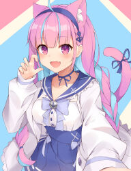 1girl :d anchor_hair_ornament animal_ear_fluff animal_ears blue_bow blue_bowtie blue_hair blue_hairband blue_ribbon blue_sailor_collar blue_skirt blush bow bowtie braid breasts buttons cat_ears cat_tail claw_pose fang frilled_jacket frilled_sailor_collar frills hair_ornament hairband hand_up hololive jacket long_hair long_sleeves looking_at_viewer medium_breasts minato_aqua minato_aqua_(sailor) multicolored_hair neck_ribbon open_clothes open_jacket open_mouth pink_eyes pink_hair pleated_skirt ribbon sailor_collar selfie shiromi_illust skin_fang skirt smile solo streaked_hair tail tail_ornament tail_raised tail_ribbon twin_braids two-tone_hair upper_body virtual_youtuber white_jacket white_sleeves