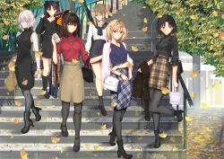  6+girls aozaki_aoko arcueid_brunestud artoria_pendragon_(all) artoria_pendragon_(fate) autumn_leaves bag black_bow black_dress black_footwear black_hair black_pantyhose black_sweater blonde_hair blue_eyes boots bow braid breasts brown_footwear brown_hair brown_skirt casual clothing_request coat collarbone commentary cup day disposable_cup dress earrings english_commentary falling_leaves fate/grand_order fate_(series) french_braid hair_bow hair_bun handbag heel_up high_heel_boots high_heels highres holding iro_(sekaixiro) jacket jeanne_d&#039;arc_alter_(avenger)_(fate) jeanne_d&#039;arc_alter_(fate) jewelry kara_no_kyoukai knee_boots kneehighs large_breasts leaf long_hair long_sleeves looking_at_viewer looking_to_the_side medium_breasts moss multiple_girls necklace open_mouth outdoors pantyhose plaid plaid_skirt railing red_eyes red_sweater ryougi_shiki saber_(fate) shirt shoes short_hair skirt sleeveless sleeveless_dress smile socks stairs standing sweater tohsaka_rin tree tsukihime turtleneck turtleneck_sweater twintails type-moon watch wristwatch yellow_eyes 