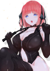  1girl absurdres black_choker black_gloves black_leotard black_thighhighs blue_eyes bondage_outfit breasts butterfly_hair_ornament choker cleavage clothing_cutout crossed_legs dominatrix elbow_gloves gloves go-toubun_no_hanayome hair_ornament highres holding holding_riding_crop kzm_(cookie-eluza) leotard medium_hair nakano_nino navel navel_cutout open_mouth pink_hair riding_crop simple_background sitting solo thighhighs white_background 