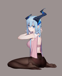  1girl armpits arms_up ass back bare_arms bare_back bare_shoulders black_pantyhose blue_eyes blue_hair blue_nails bra breasts bright_pupils feet from_side full_body grey_background hairdressing highres honkai_(series) honkai_impact_3rd horns hoshi_o_mite liliya_olenyeva long_hair looking_at_viewer looking_to_the_side medium_breasts nail_polish no_shoes panties panties_under_pantyhose pantyhose parted_lips pink_bra pink_panties pink_shirt shirt simple_background sitting sleeveless sleeveless_shirt slit_pupils soles solo underwear unzipped very_long_hair wariza zipper_pull_tab  rating:Sensitive score:14 user:danbooru