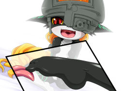 amau_(kosmos) fangs feet femdom highres licking licking_foot midna monster_girl nintendo open_mouth red_eyes smile the_legend_of_zelda the_legend_of_zelda:_twilight_princess tongue  rating:Questionable score:45 user:mmansilva6