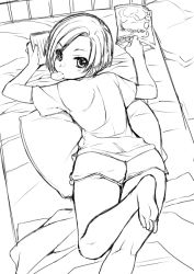  1girl barefoot bed chips_(food) food from_above kobayakawa_rinko looking_at_viewer looking_back love_plus lying monochrome mouth_hold on_stomach short_hair solo sumeragi_kohaku tagme  rating:Sensitive score:12 user:parasite