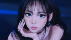  1girl aespa black_hair blue_eyes collar earrings head_rest highres jewelry karina_(aespa) lips long_hair looking_at_viewer mole mole_under_mouth portrait real_life silver_nails solo studded_collar umigraphics 