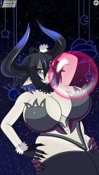  asagiri_asagi bikini black_hair blue_eyes breasts chewing_gum bursting_breasts cape cleavage demon demon_girl disgaea fur_collar gradient_horns hand_on_thigh hand_over_head highres horn horns huge_breasts large_breasts multicolored_horns overlord_asagi pointy_ears realantking slingshot_swimsuit space swimsuit thick_thighs thighs  rating:Sensitive score:9 user:XYZexal