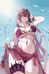  1girl absurdres adjusting_hair bikini bird blue_sky breasts bridal_garter chinese_commentary commentary_request cowboy_shot fate/grand_order fate_(series) hand_up highres kunai large_breasts long_bangs long_hair looking_at_viewer looking_down navel red_bikini red_eyes red_hair red_sarong sarong scathach_(fate) scathach_(fate/grand_order) scathach_(swimsuit_assassin)_(fate) sky smile solo standing sun swimsuit very_long_hair weapon xinlingjitang  rating:Sensitive score:37 user:danbooru