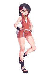 1girl absurdres black_eyes black_footwear black_hair boruto:_naruto_next_generations breasts dress female_focus full_body gluteal_fold hands_on_own_hips headband high_heels highres loli looking_at_viewer looking_to_the_side matching_hair/eyes naruto_(series) panties parted_lips popped_collar red-framed_eyewear red_dress shiny_skin short_hair simple_background sleeveless small_breasts solo toeless_legwear toes transparent_background triagorodri uchiha_sarada underwear upskirt white_panties wristband rating:Questionable score:108 user:DarkToonLink
