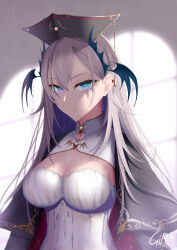  1girl absurdres artist_name black_cape black_headwear blue_eyes breasts bright_pupils cape cleavage cleavage_cutout closed_mouth clothing_cutout dress girarikyo head_wings highres horizontal_pupils iida_pochi._(vtuber) indie_virtual_youtuber large_breasts long_hair mole mole_under_mouth pochimaru_(vtuber) pochimaru_(vtuber)_(4th_costume) ribbon solo teardrop_facial_mark virtual_youtuber white_dress white_pupils white_ribbon wings 