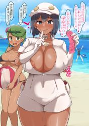 3girls :d :p aether_foundation_employee aether_foundation_employee_(female) aether_foundation_uniform areola_slip ball beach beachball bikini black_bikini black_hair blue_eyes blue_hair blue_sky blush breasts cabbie_hat cleavage cloud condom cowboy_shot creatures_(company) dark-skinned_female dark_skin day employee_uniform flower game_freak gen_7_pokemon gloves green_eyes green_hair hair_flower hair_ornament hat heart huge_breasts index_finger_raised lana_(pokemon) large_breasts licking_lips looking_at_viewer low_twintails mallow_(pokemon) multiple_girls naughty_face nintendo no_bra ocean one-piece_swimsuit open_mouth outdoors pokemon pokemon_sm popplio pouch shiny_skin sky smile standing sweat swimsuit tongue tongue_out translated twintails underboob uniform yamaori rating:Questionable score:121 user:Vardigiil